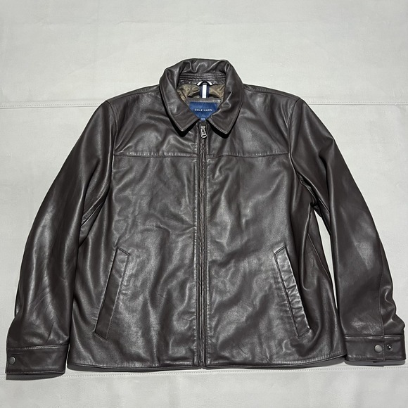 Cole Haan Mens Lamb Soft Leather Jacket Zip Chestnut Dark Brown Line Coat-L-XX - Picture 1 of 9